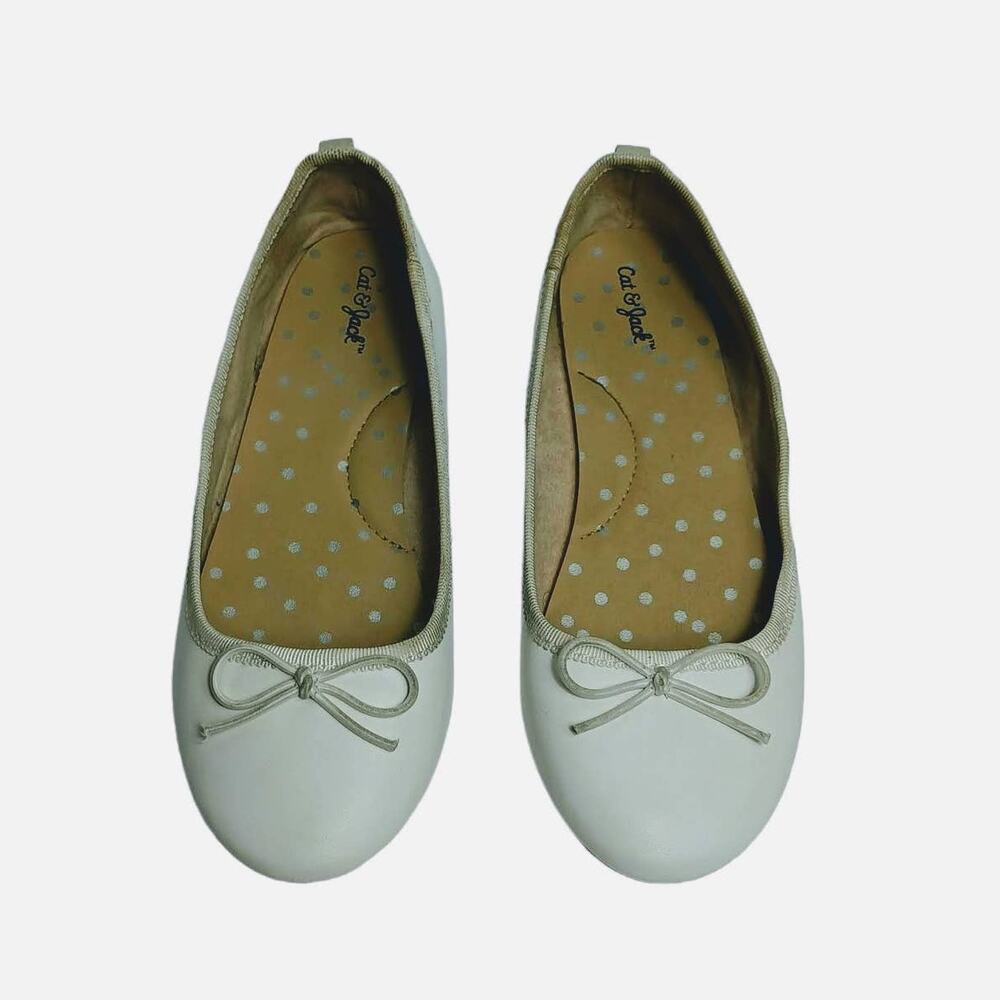 CAT & JACK Girls White Slip-On Ballet Flats Shoes with Bow Pull‎ Tab Size 1